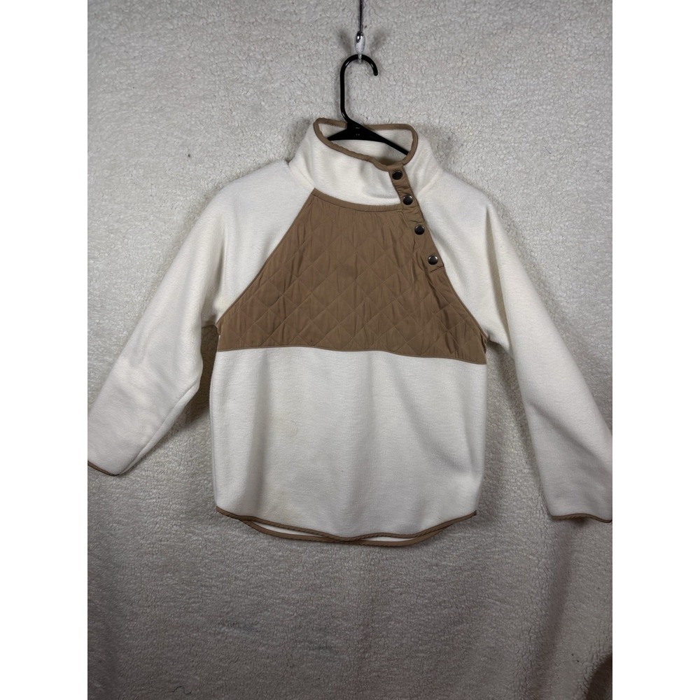 J.CREW Girls Quilted Fleece Snap Neck Pullover Top Cream Brown Small